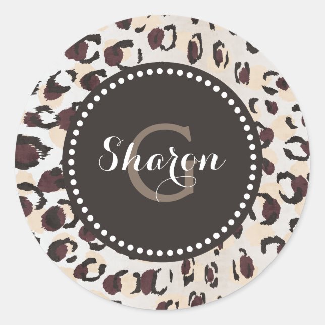 Sticker Rond Moderne chic motif imprimé guépard marron monogram (Devant)