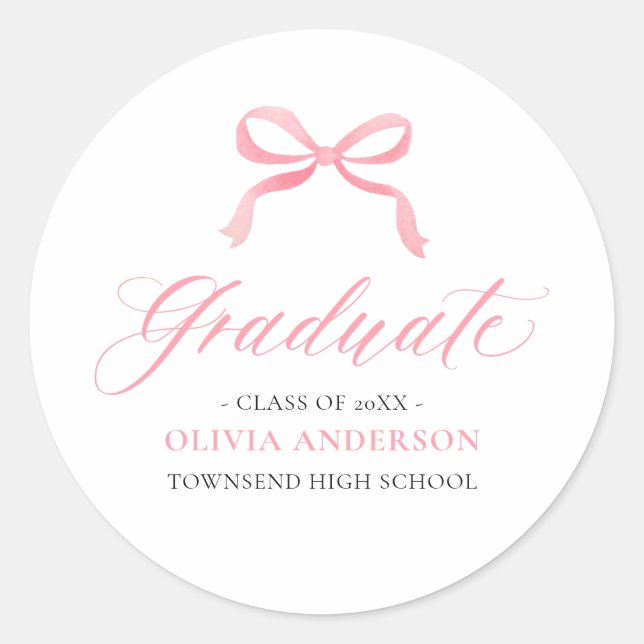 Sticker Rond Moderne Coquette Diplômée avec Nœud Rose (Devant)