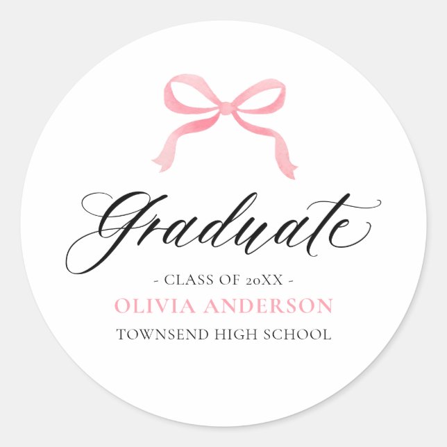 Sticker Rond Moderne Coquette Diplômée avec Nœud Rose (Devant)