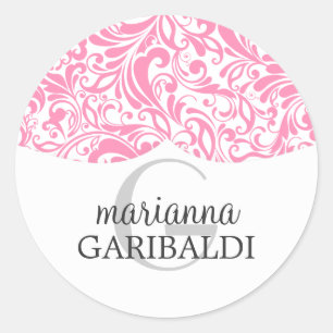 Sticker Rond Moderne Damask Pink Personnalisé