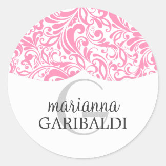 Sticker Rond Moderne Damask Pink Personnalisé