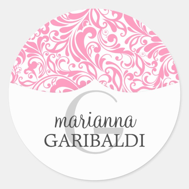Sticker Rond Moderne Damask Pink Personnalisé (Devant)