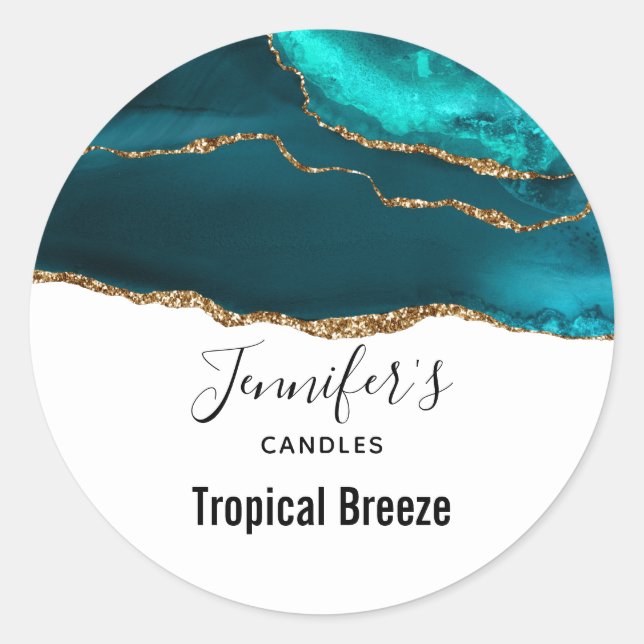 Sticker Rond Moderne Design Turquoise Agate & Gold Ribbon Bougi (Devant)