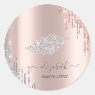Sticker Rond Moderne Diamants Lèvres, Or Rose Argent Gouttes Cl