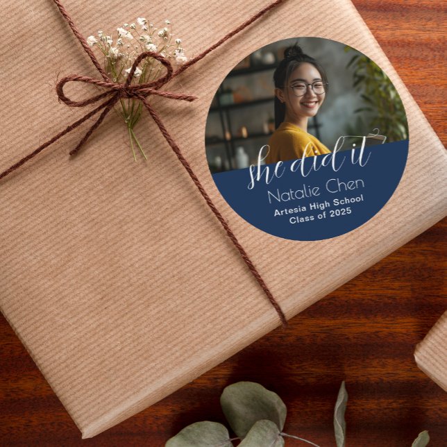 Sticker Rond Moderne Elegant Blue Photo Graduation (Créateur téléchargé)