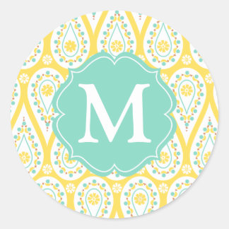 Sticker Rond Moderne Elegant Damask Yellow Paisley Personnalisé