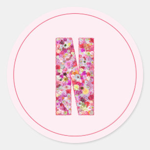 Sticker Rond Moderne Élégant Monogramme Floral Lettre N Rose