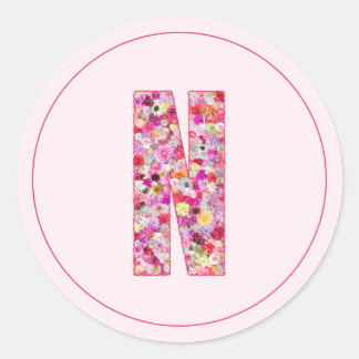 Sticker Rond Moderne Élégant Monogramme Floral Lettre N Rose