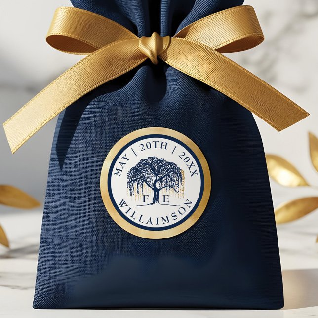 Sticker Rond Moderne Elegant Willow Tree Marine Blue Gold Maria (Modern Elegant Willow Tree Navy Blue Gold Wedding Classic Round Sticker)