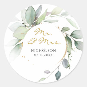 Sticker Rond Moderne Eucalyptus Verdure Or Mr. & Mrs. Classique