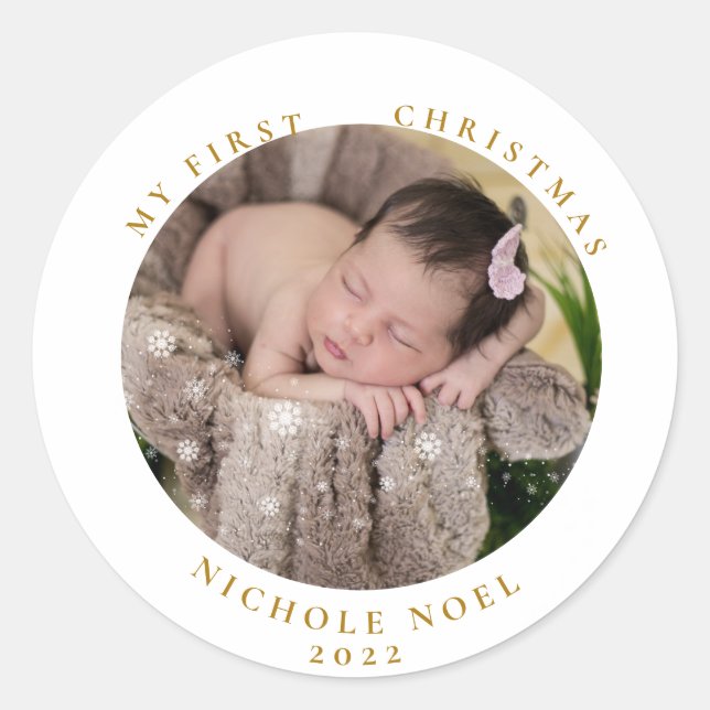 Sticker Rond Moderne flocon de neige de Noël de bébé photo 2 fa (Devant)