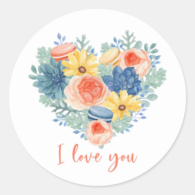Sticker Rond Moderne Floral Succulent Macaron Heart | Je t'aime (Devant)
