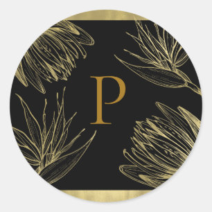 Sticker Rond Moderne Glam Or & Noir Botanique Floral Tropical