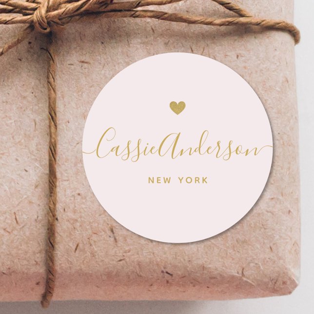 Sticker Rond Moderne Gold Heart Calligraphy Marque Nom rose (Créateur téléchargé)