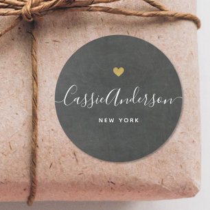 Sticker Rond Moderne Gold Heart Calligraphy Nom de marque Grey