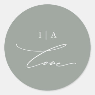 Sticker Rond Moderne Green Love Calligraphie Monogramme Mariage