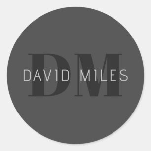 Sticker Rond Moderne gris foncé et noir Nom et monogramme modif