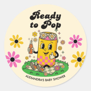 Sticker Rond Moderne Groovy Daisy Rose Jaune Elle est prête à é