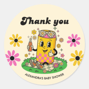 Sticker Rond Moderne Groovy Daisy Rose Prête à éclore Merci