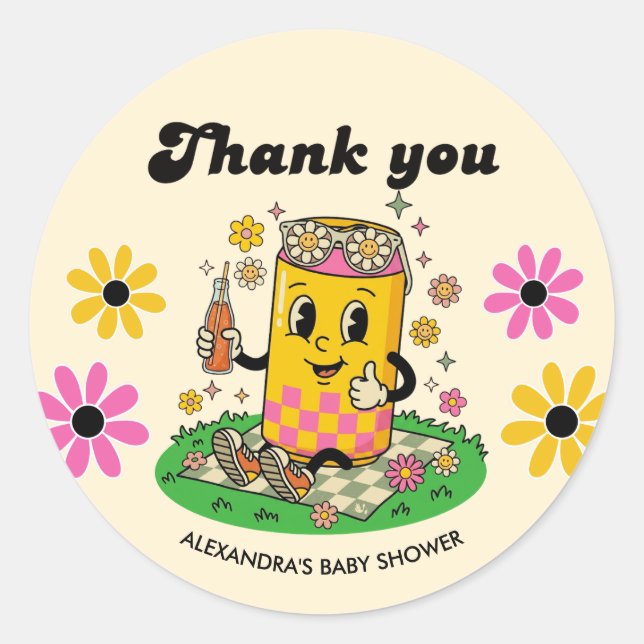 Sticker Rond Moderne Groovy Daisy Rose Prête à éclore Merci (Devant)