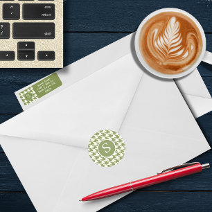 Sticker Rond Moderne Houndstooth Sage Vert & Blanc Monogramme