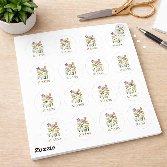 Sticker Rond Moderne Il Est Ressuscité Pâques Floral (Créateur téléchargé)