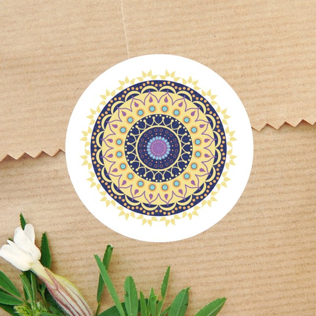 Sticker Rond Moderne Mandala Design simple (Navy blue, yellow, teal, and purple unique mandala design. )