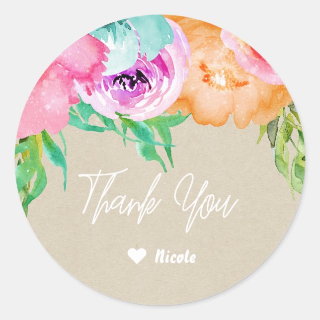 Sticker Rond Moderne Mariage Floral Marron Kraft Clair (Devant)