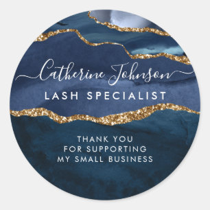 Sticker Rond Moderne Marine Blue Gold Agate Géode Script Merci