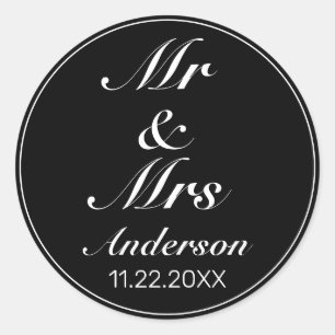 Sticker Rond Moderne minimaliste blanc noir M. MRS Mariage