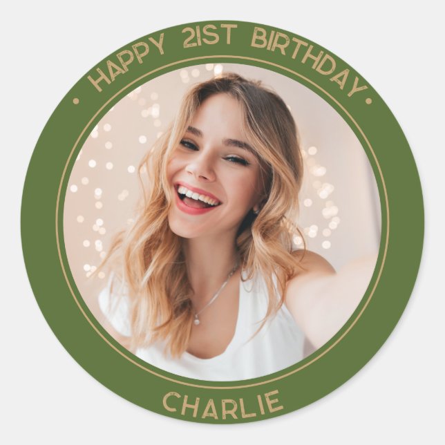 Sticker Rond Moderne minimaliste Joyeux 21e anniversaire Photo  (Devant)