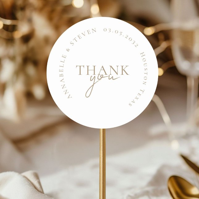 Sticker Rond Moderne, minimaliste, Mariage (THANK YOU! Modern, Minimal, Wedding Classic Round Sticker with your name and date)