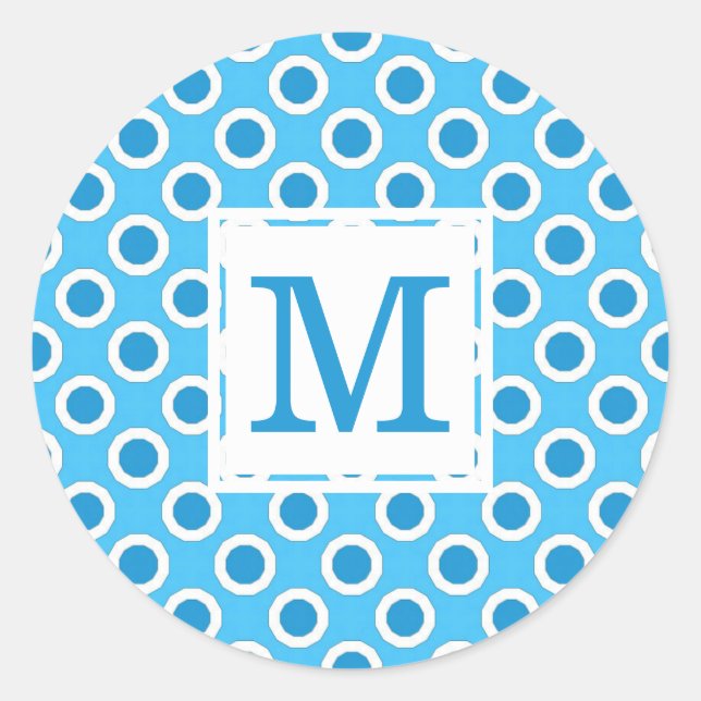 Sticker Rond Moderne Monogramme à Gros Points Bleus et Blancs (Devant)