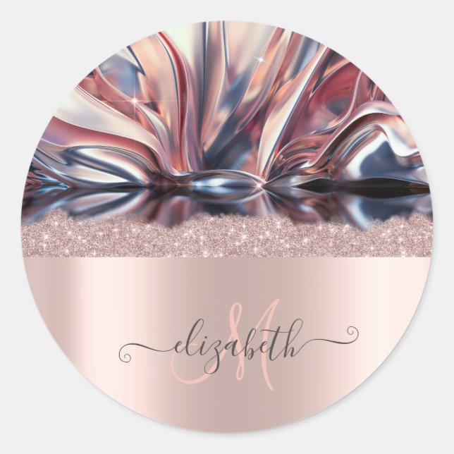 Sticker Rond Moderne Monogramme Abstrait en Paillettes de Rose  (Devant)