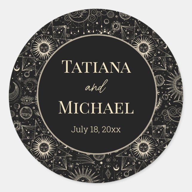 Sticker Rond moderne mystique céleste or noir chic mariage (Devant)