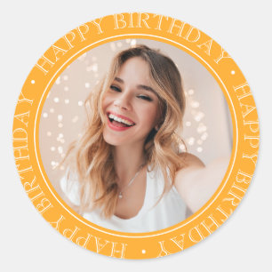 Sticker Rond Moderne photo moutarde rétro Boho Joyeux Anniversa