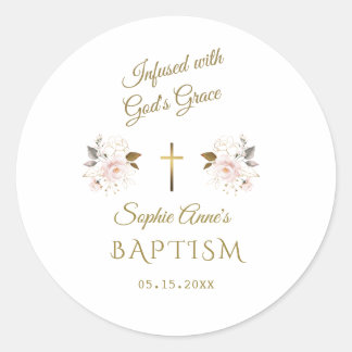 Sticker Rond Moderne Pink Or Floral Calligraphie Girl Baptême