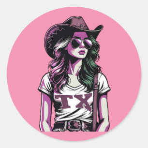 Sticker Rond Moderne Pop Art Cool Texas Cowgirl Western