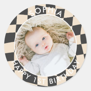 Sticker Rond Moderne Retro Happy 1er Anniversaire Vérification 