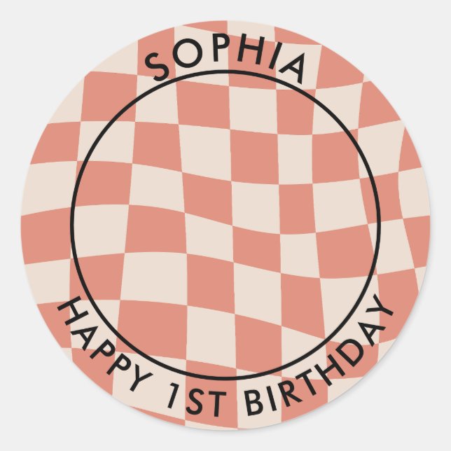 Sticker Rond Moderne Retro Happy 1er Anniversaire Vérification  (Devant)