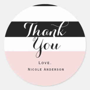 Sticker Rond Moderne rose poudré, noir et blanc à rayures pour 