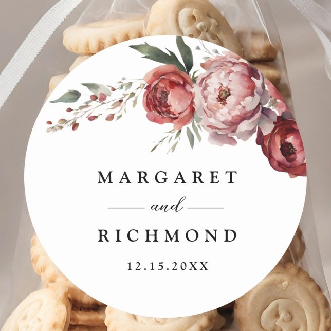 Sticker Rond Moderne Rustique Bourgogne Blush Floral Mariage (Créateur téléchargé)