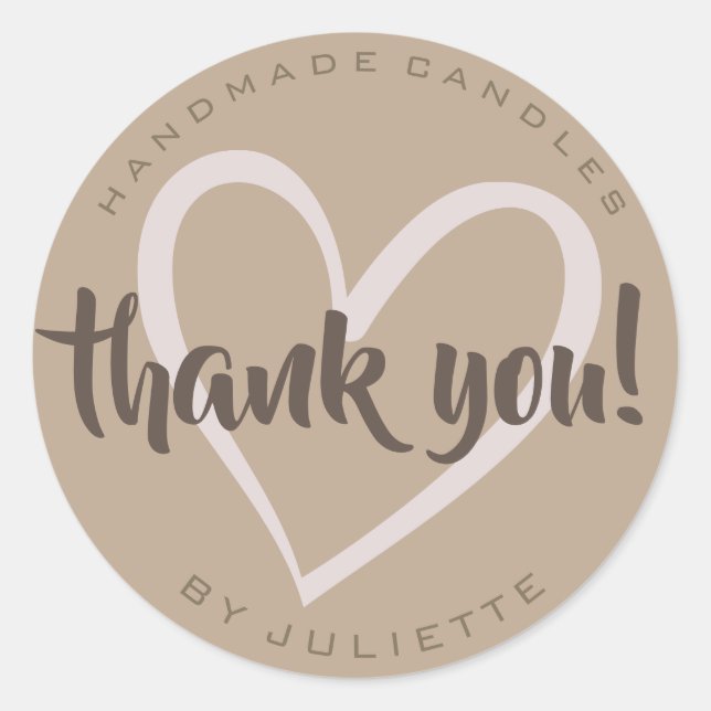 Sticker Rond Moderne Rustique Merci Amour Coeur naturel Brown (Devant)
