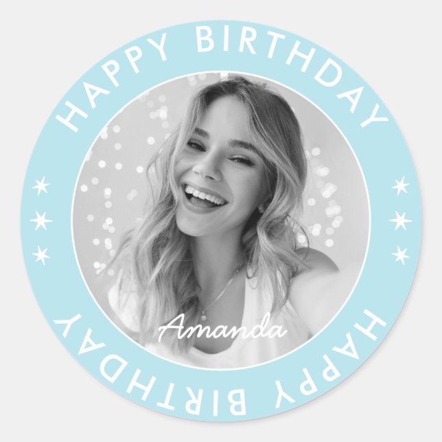 Sticker Rond Moderne Simple Cute Bleu Joyeux Anniversaire Photo (Devant)