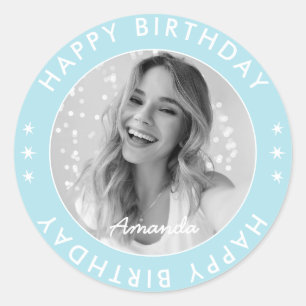 Sticker Rond Moderne Simple Mignon Bleu Joyeux Anniversaire Pho