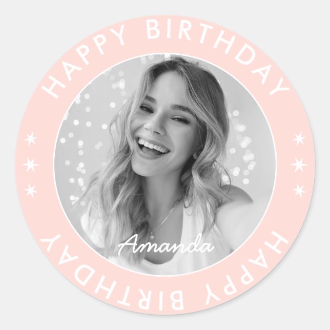 Sticker Rond Moderne Simple Mignon Rose Joyeux Anniversaire Pho (Devant)