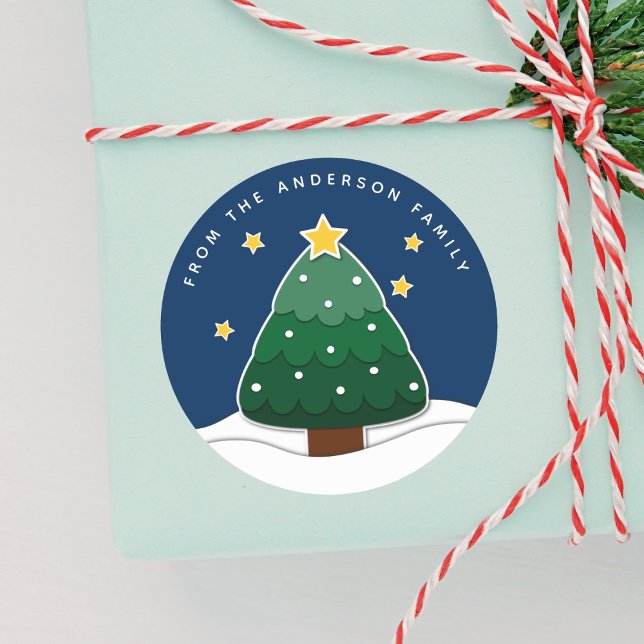 Sticker Rond Moderne Simple Papercut Stars Snowy Christmas Tree (Créateur téléchargé)