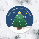 Sticker Rond Moderne Simple Papercut Stars Snowy Christmas Tree<br><div class="desc">Étoiles de découpe simple moderne et arbre de Noël neigeux</div>
