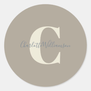 Sticker Rond Moderne Stylish Calligraphie Monogramme Nom Taupe