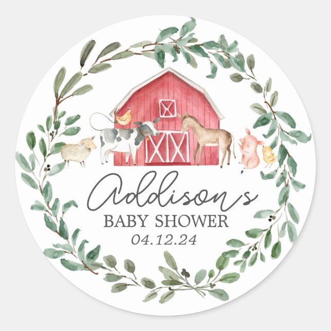 Sticker Rond Moderne sur le Baby shower agricole Invitation (Devant)